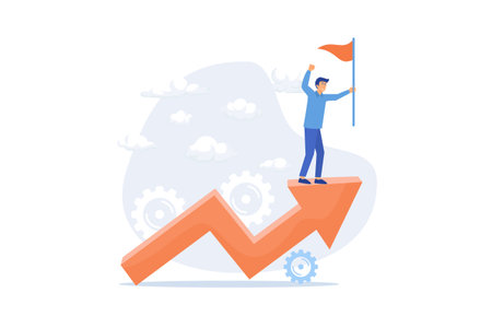 New achievement. Business development. Successful businessman, confident entrepreneur, winner with flag. Man standing on rising arrow. flat vector modern illustrationのイラスト素材