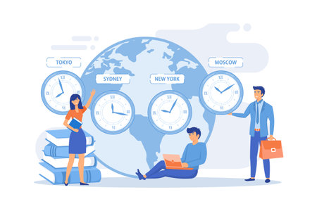 Worldwide business, international company branches. Clocks showing local timezone. Time zones, international time, world business time concept. flat vector modern illustrationのイラスト素材
