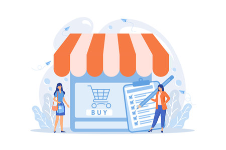 woman doing purchases from shopping list. Customer with package, buying goods. Purchase agreement, in-app purchase, buying process concept. flat vector modern illustrationのイラスト素材