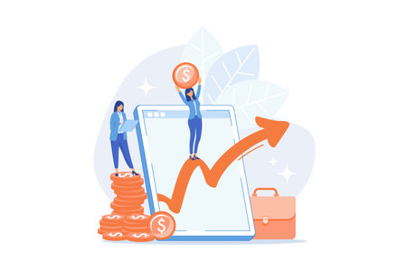 Income growth, profitable business, successful commerce. Workflow, earnings fluctuation, revenue graph curve arrow. Business owner cartoon character. flat vector modern illustrationのイラスト素材