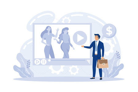 Email, mobile and video marketing technology. Getting new subscribers, likes, messages. Work with advertising and promoting via Internet. vector illustrationのイラスト素材