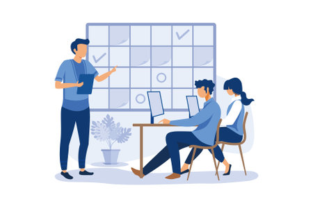 fill in the calendar table, mark important dates and tasks, team thinking and brainstorming, analytics of information about the company flat modern design illustrationのイラスト素材