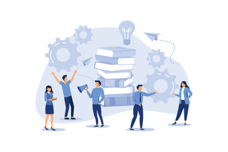 Business concept of vector illustration, little people links of mechanism, business mechanism, abstract background with gears, people are engaged in business promotion, strategy analysis ilustrationのイラスト素材