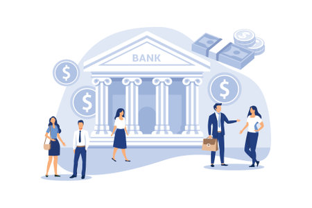 bank building on a white background, bank financing, money exchange, financial services, ATM, giving out money vector flat modern design illustrationのイラスト素材