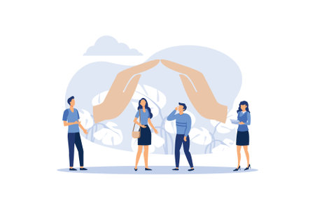 hand protection house . human life insurance. the metaphor of hand over the people to protect against accidents to life and personal property. accident insurance schedule designvector flat ilustrationのイラスト素材