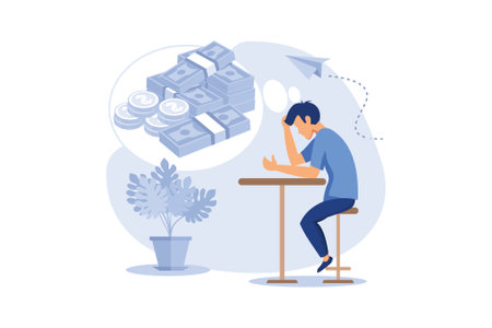 financial problems, economic crisis, business bankruptcy, presses office worker with a headache, unpaid loan debt vector flat modern design illustrationのイラスト素材