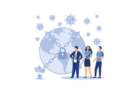 people chain the world from corona virus. Illustration For Wallpaper, Banner, Background, Infographic, Book, And Web Landing Page. flat modern design illustrationのイラスト素材