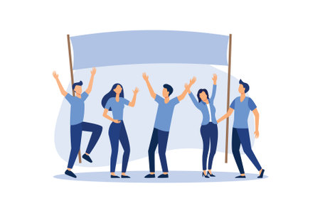 holding banners and posters. Men and women take part in political rallies, parades or rallies flat vector design illustrationのイラスト素材