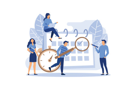 little people characters make an online schedule in the tablet. design business graphics tasks scheduling on a week flat vector illustrationのイラスト素材