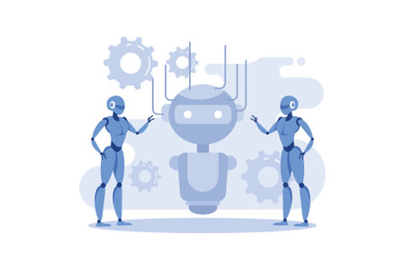 futuristic cyberpunk design, cyborgs work on surrealistic project, modern nano technology flat vector illustrationのイラスト素材