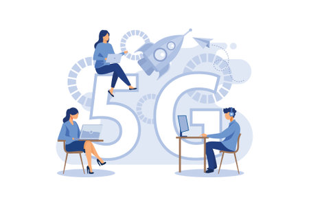 Vector illustration of 5G internet. A man with a laptop at the table, another with a briefcase is walking next to the rocket, women are sitting on a 5G sign, against the background of quadcoptersのイラスト素材