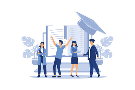 Graduate people celebrate vector illustration. graduate student standing with book and laptop.のイラスト素材