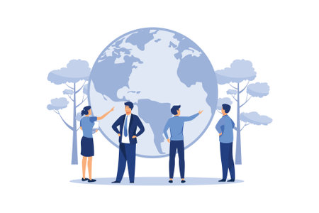 eco-friendly company. planet earth as environment symbol. take care of ecology protection by business. business man looking at blue world facing global warming pollution problem flat vectorのイラスト素材