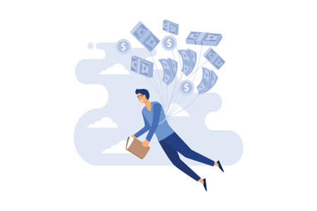 man to money floating in the sky.businessman flying with dollar signs. man read books.Businessman gliding in the sky with dollars. modern flat vector design illustration.のイラスト素材