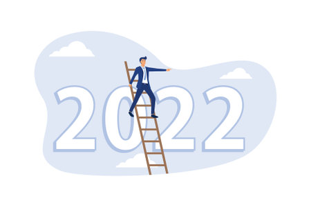 Year 2022 economic outlook, forecast or visionary to see future ahead, challenge and business opportunity concept, smart businessman climb up ladder to see through telescope on year 2022 number.のイラスト素材