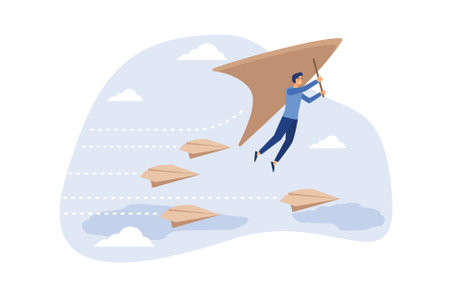 Innovative way to win business competition, think difference or choose our own winning direction, ambition and creativity concept, businessman flying on glider in growth direction to win the challengeのイラスト素材