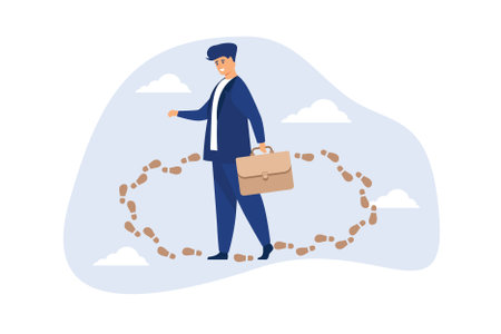 Career path dead end, work on same old repetitive job, business as usual no motivation or infinity loop routine job concept, frustrated businessman walk in circle with no way out and no career path.のイラスト素材