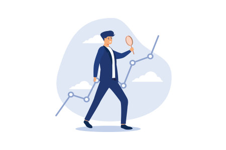 Stock market data analysis, financial research professional or investment and economic forecast concept, smart businessman analyst using magnifying glass look in details on market data rising graph.のイラスト素材