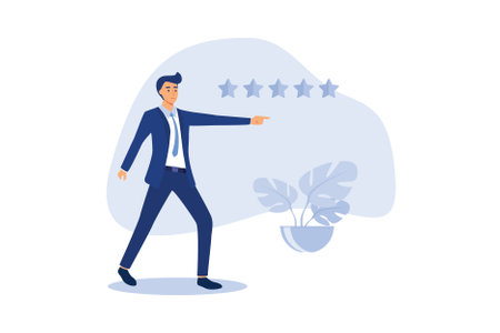 Customer feedback 5 stars rating, best quality, excellence high performance evaluation, positive ranking or business reputation and satisfaction concept, confidence businessman giving 5 stars rating.のイラスト素材
