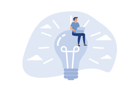 Entrepreneur solution, creative idea to solve work problem, success discover new innovation concept, smart businessman working with computer laptop on bright light bulb idea.のイラスト素材