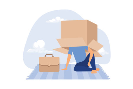Business failure, work mistake or misfortune and unlucky, bankruptcy or fail entrepreneur concept, depressed businessman sitting covered his head with box, shameful cannot face people or society.のイラスト素材