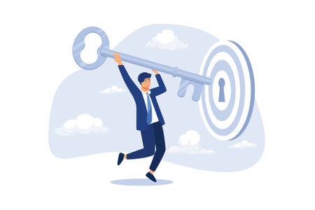 Key to success and achieve business target, KPI, career achievement or secret for success in work concept, businessman putting golden key into bullseye target key hold to unlock business success.のイラスト素材
