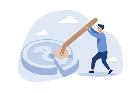 Money management, financial planning or wealth management or investment portfolio, paying for tax, loan or debt, inflation concept, businessman using pizza cutter to split golden dollar money coin.のイラスト素材