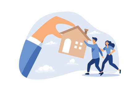 Eviction and mortgage debt, foreclosure or difficulty to payback bank mortgage loan concept, bankruptcy man and family fighting to hold back their house with big legal hand evict it by law.のイラスト素材