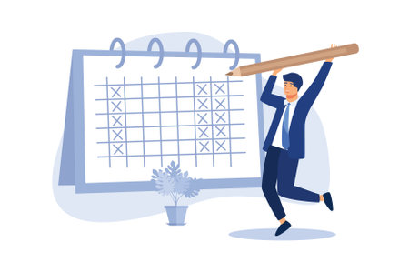 4 day work week, reduce working day to increase efficiency and productivity, flexible work day for employee benefit concept, businessman manager put holiday on calendar to make company 4 day work weekのイラスト素材