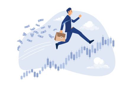 Success trader make profit with investment trading, stock market growth, get rich from Crypto trading concept, confidence businessman investor with money briefcase running on candlestick graph.のイラスト素材