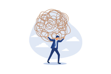 Stress burden, anxiety from work difficulty and overload, problem in economic crisis or pressure from too much responsibility concept, tried exhausted businessman carrying heavy messy line on his backのイラスト素材