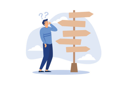 Business decision making, career path, work direction or choose the right way to success concept, confusing businessman looking at multiple road sign with question mark and thinking which way to go.のイラスト素材