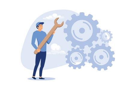 Adjustment and optimization for business improvement, change or fine tune for smooth ride, repair and maintenance service concept, businessman holding wrench to adjust gear cogwheels setting.のイラスト素材