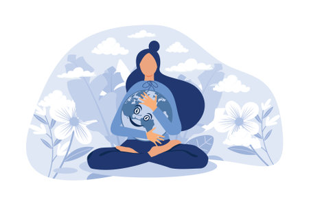 Mother earth as environmental ecological and green planet flat person concept. Nature biodiversity conservation as care with protection or preservation vector illustration. Ecosystem climate awarenessのイラスト素材