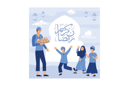 Iftar Eating After Fasting feast party concept. Moslem family dinner on Ramadan Kareem or celebrating Eid with people character.のイラスト素材