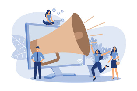 Noisy big megaphone. Speaker announcing news to target audience. Can be used for influenced marketing, promotion, communication conceptのイラスト素材