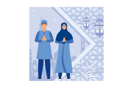 happy ramadan mubarak greeting concept with people character for web landing page template, banner, presentation, social, and print media. islamic eid fitr or adha flat design vector illustration.のイラスト素材
