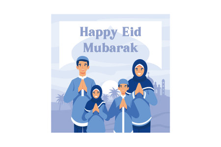 happy ramadan mubarak greeting concept with people character for web landing page template, banner, presentation, social, and print media. islamic eid fitr or adha flat design vector illustration.のイラスト素材