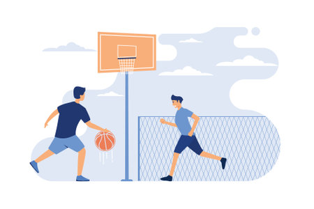 Sport games outdoors concept. Two athletic young men playing basketball in urban stadium. Guys training on outdoor court with fence in background. Can be used for match, sport activity conceptsのイラスト素材