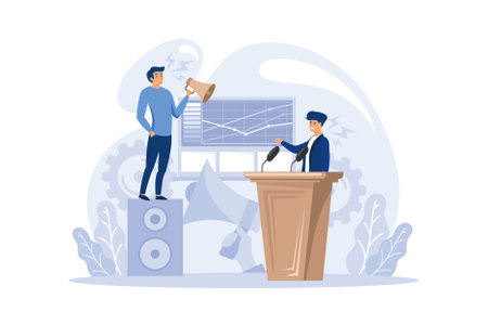 Professional speaker concept. Rhetoric or elocution specialist speaking to a microphone. Business seminar speaker. Broadcasting or public address. Flat vector illustrationのイラスト素材