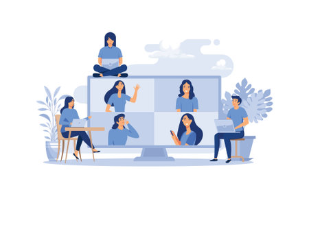 Online business conference, creative illustrations, businessmen, online joint meeting, team thinking and brainstorming, company information analytics vector, flat design modern illustrationのイラスト素材