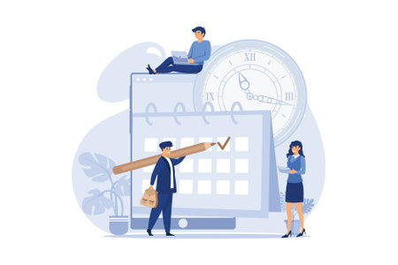 little people characters make an online schedule in the tablet. vector, design business graphics tasks scheduling on a week. flat design modern illustrationのイラスト素材
