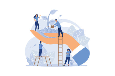 small people prepare for the holiday, save the planet from pollution, World Environment Day, Bio technology, in the big hand the earth with a plant vector. flat design modern illustrationのイラスト素材