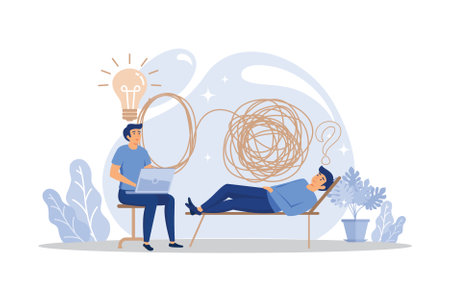 psychotherapy, unraveling complex situations, concept of social psychiatry, therapist and patient vector. flat design modern illustrationのイラスト素材