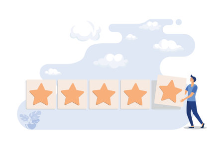 star rating, gold star in hand, positive feedback, given in five stars, business chart the highest score. flat design modern illustrationのイラスト素材