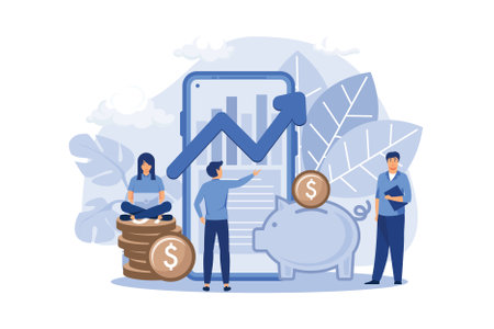 a large piggy bank in the form of a piglet and a phone with a schedule, financial services, online savings or the accumulation of money, a coin box with falling coins. flat design modern illustrationのイラスト素材