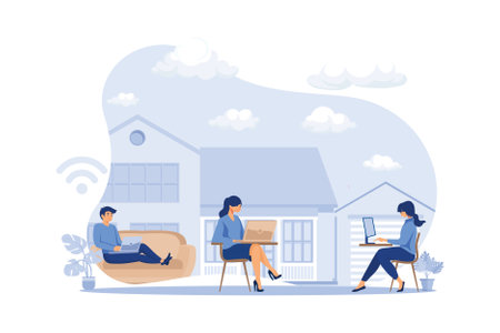 group of people working from home on the internet online, creative space, self-isolation, freelancer working on laptop vector, flat design modern illustrationのイラスト素材