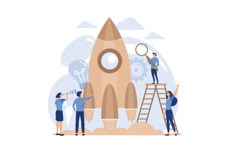 people grow potted plants, a metaphor for the birth of a creative idea. business concept analysis. graphic design idea of project activity. flat design modern illustrationのイラスト素材