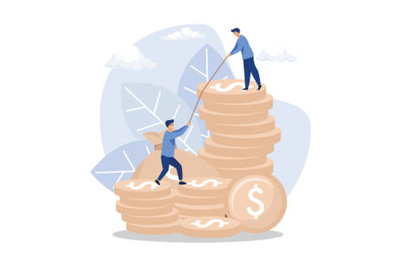 Man helping another climb to the top of coins, investment management, career growth to success, support and motivation, teamwork, business analysis, flat design modern illustrationのイラスト素材