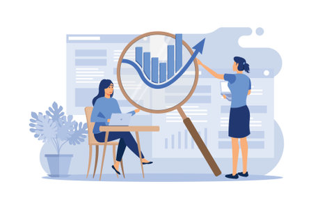 office workers are studying the infographic, the analysis of the evolutionary scale vector. flat design modern illustrationのイラスト素材